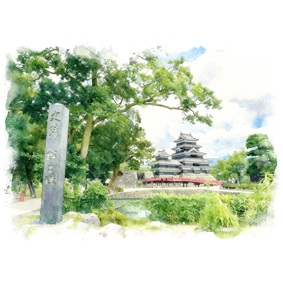 松本城　水彩画　額装 絵画 風景画 日本の城 長野県松本城 インテリアアート額付き 水彩画