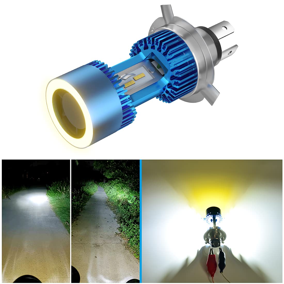 POOPEE バイクLEDヘッドライト H4/HS1 Hi/Lo ledバルブ コードレス 一体型 30W DC9-36V 高輝度 3200LM 防水 無極性 冷却ファン搭載 ホワイト&イエローエンジェル 6000K 純正交換用