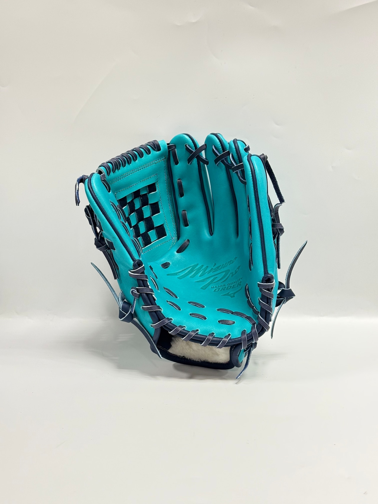 MIZUNO PROーミズノプロ 軟式グローブ ミチイ店舗別注オリジナルグラブ 右投げ用 内野手AXIモデル 5mm大 ヒスイ/Dブルー×Dブルー タータン1ウェブ・画像7