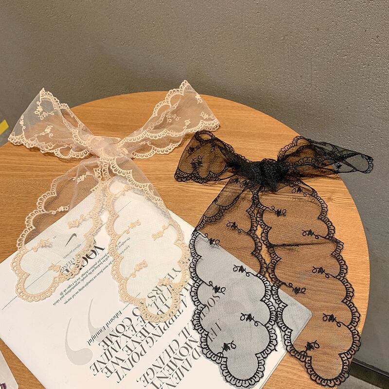 レースリボンスカーフ ヘアバンド サマー薄手スタンダード レトロ 夏物 ヘアアクセサリー シルク ブラック・アイド・ピーズ1702548623