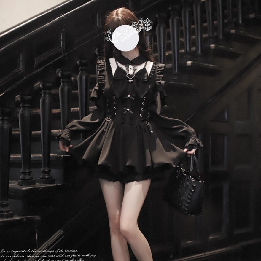 地雷系 ワンピース オープンショルダー ゴスロリ バドミントンスカート 蝶ネクタイ インナー付き 胡桃木