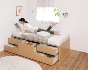 お客様組立 日本製_ヘッドレス大容量コンパクトチェストベッド 薄型スタンダードボンネルコイルマットレス付き シングル ショート丈