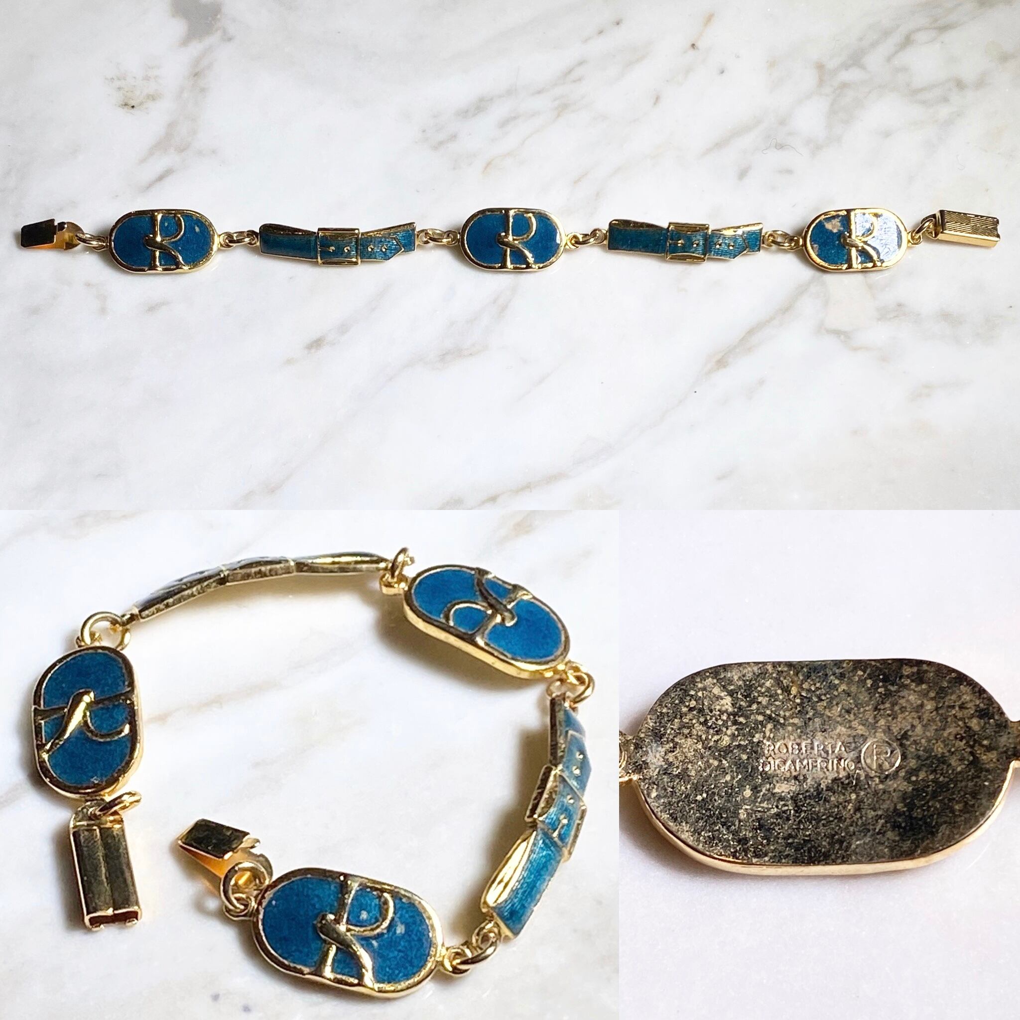 vintage ROBERTA DI CAMERINO metal×emerald blue enamel logo 