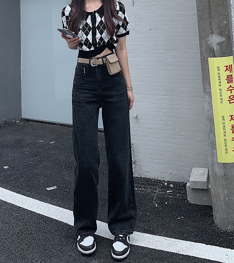 スタンダードブラックハイウェストウェストワイドレッグパンツ スプリングオータム薄手ルーズ レトロ 春物 秋物 ワイドパンツ モンロー64714933279