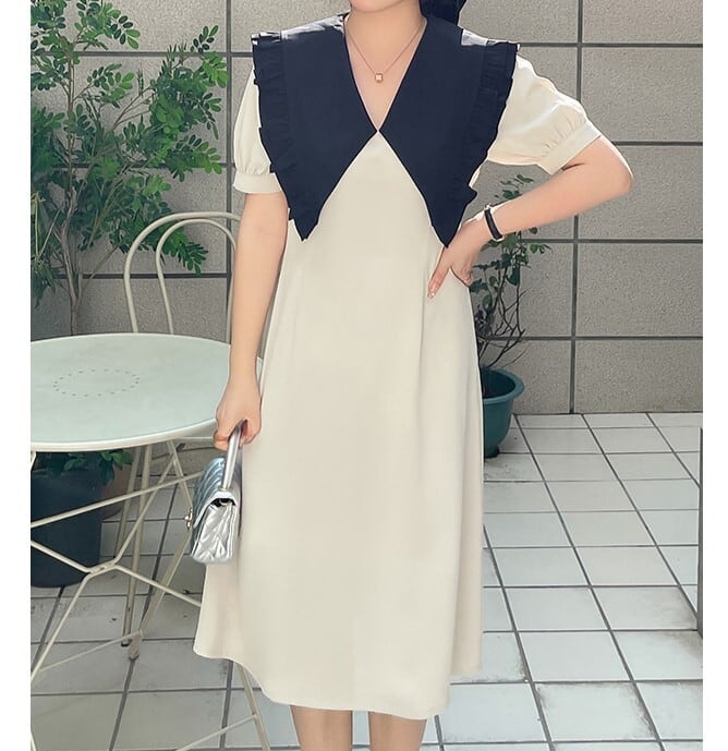 ワンピース ワンピドレス 膝下 ミモレ ミモレ丈 袖あり 半袖 5分袖 五分袖 ボリューム袖 パフスリーブ Vネック 襟付き ワイド フリル かわいい 大人可愛い カジュアル おしゃれ お洒落 ラブリー キュート ガーリー 個性的 無地 春 夏 秋 10代 20代 レディース 女性用 学生 デート お出かけ 公園デビュー 女子会 休日 パーティー イベント ホテル 楽ちん モテ 体系カバー XL 2XL 3XL 4XL 大きいサイズ ビッグサイズ ゆったり 青 ブルー ベージュ