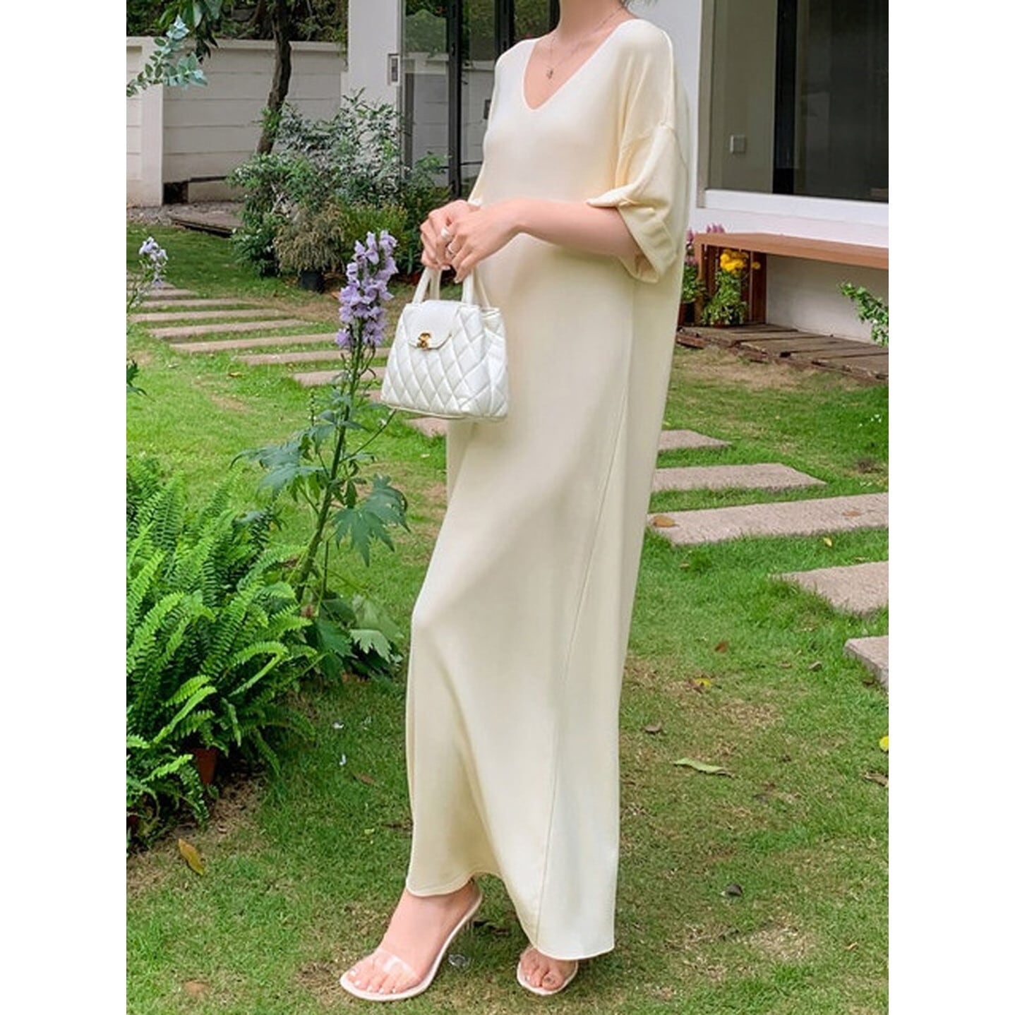 Vネック ロングシルエットワンピース 2color【S-2XL】 RA3292