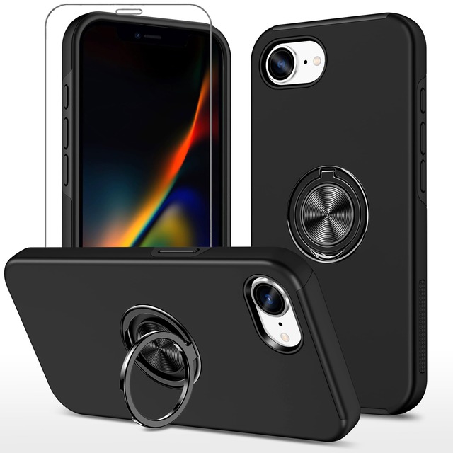 Cakublse iPhone 17e/16e 用 ケース +强化ガラスフィルム スタンド機能 耐衝撃 リング付き ブラック