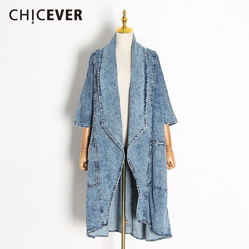 CHICEVERブルーデニムトレンチレディースラペルバットウィングスリークォータースリーブルーズビッグサイズウインドブレーカー2021秋 オータム 秋物 6base533053822736