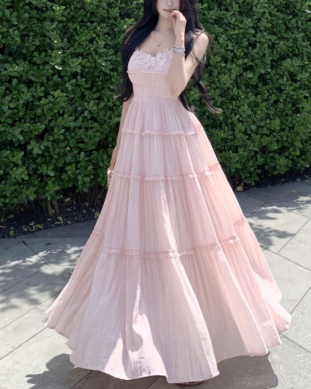 フラワーモチーフピンクフレアワンピース　2506129