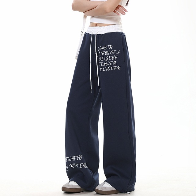 C-279　2025秋新作♡【2way】英字ロゴ配色スウェットワイドパンツ　ネイビー　0630