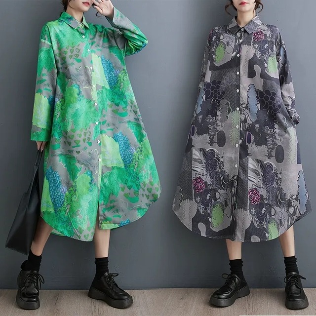 BOTANICAL PRINT LONG SLEEVES A-LINE MIDI SHIRT DRESS 2colors M-8578