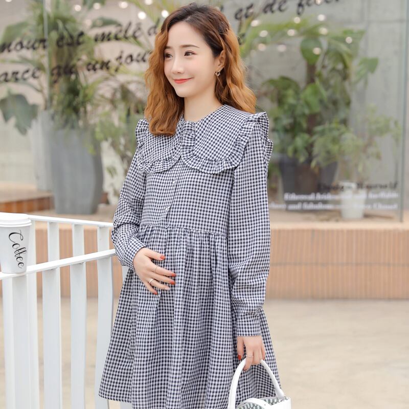 【新作】【送料無料】 8201＃マタニティ服春秋長袖イージーマッチングルーズスタイリッシュシャツ妊婦ママチェック柄ワンピース ロング スプリング 春物 オータム 秋物 AL expec316180544759