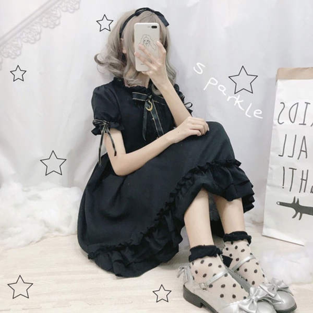 ワンピース 病みかわ ゆめかわ 黒 ブラック フリル ムーン ロリータ 