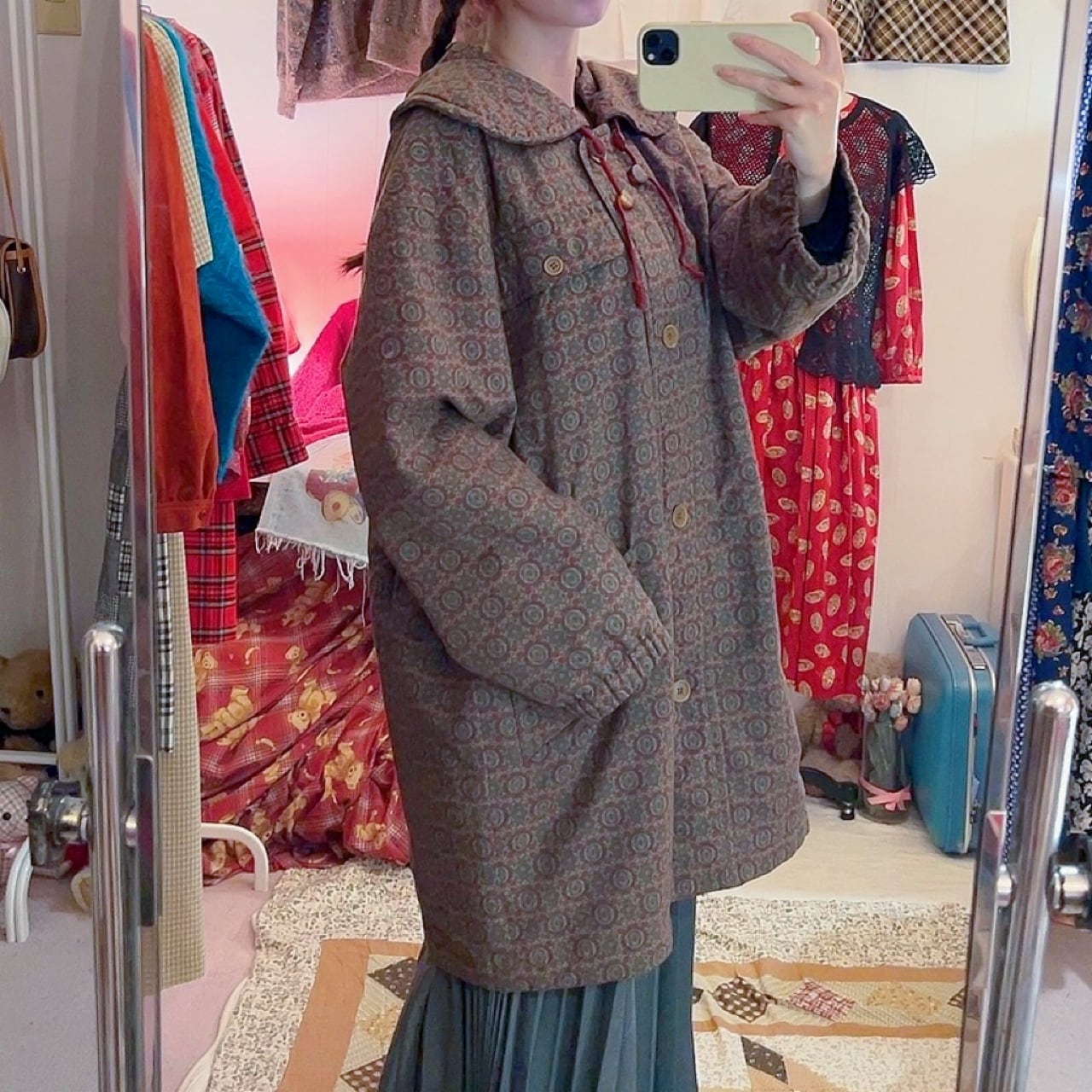 round collar geometric drawstring coat