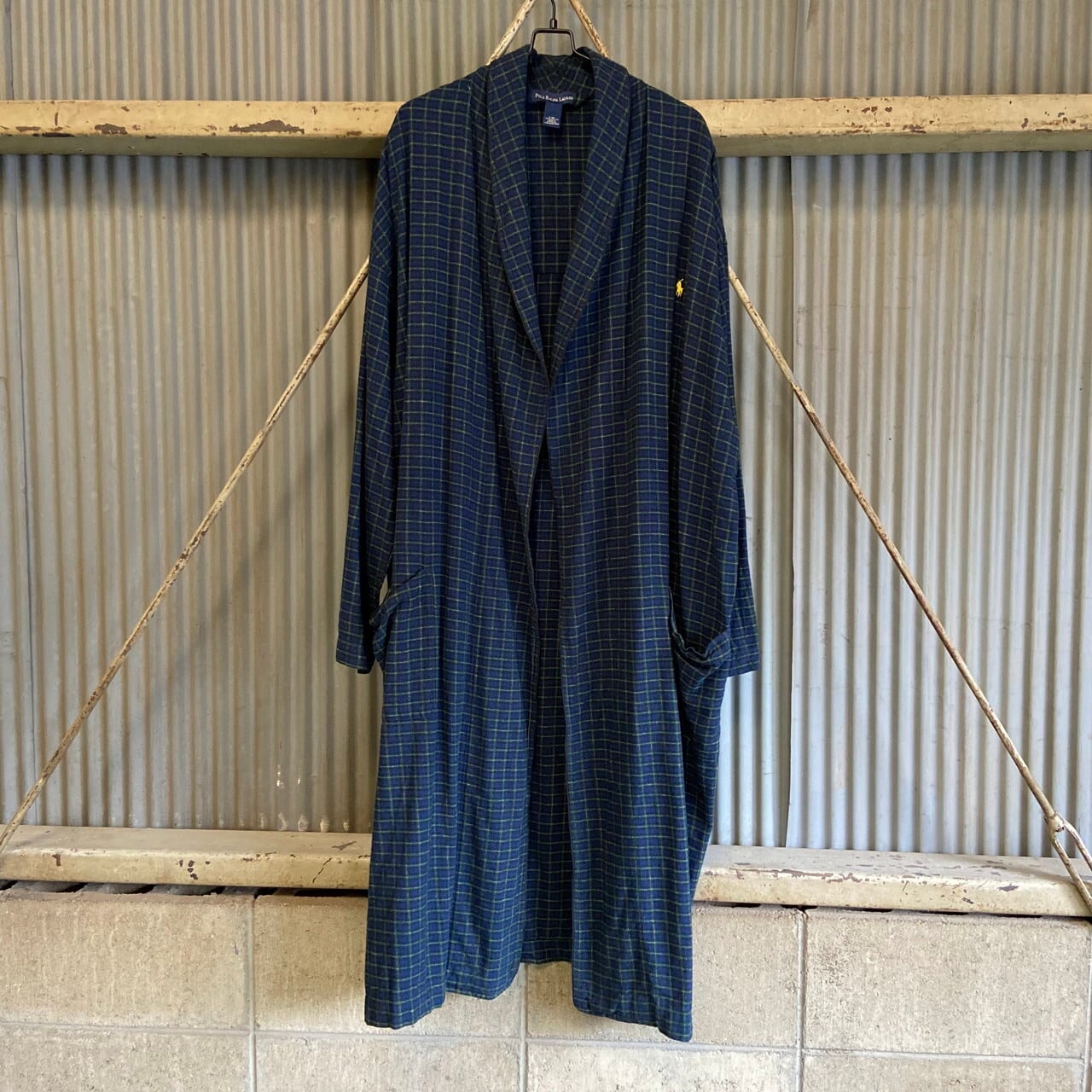Polo Ralph Lauren ラルフローレン チェック柄 フランネル コットンガウン ルームローブ メンズl Xl 古着 ネイビー グリーン 紺 緑 コート Cave 古着屋 公式 古着通販サイト