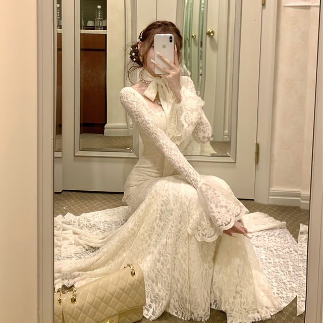 【dress】ベルスリーブマーメイドレースワンピース　N3499