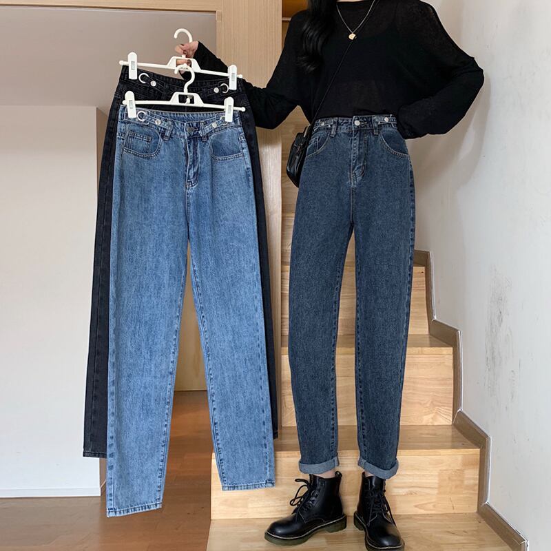 パンツ スプリングオータムハイウェストウェストスリムルーズダークジーンズ 春物 秋物 試着室9072016725