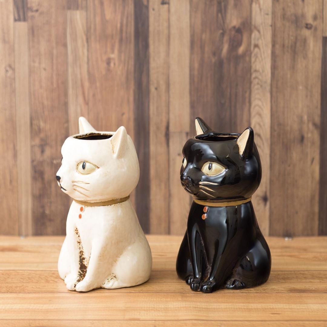 白い猫 セラミック花瓶 セラミックフラワーポット 白猫 黒猫 ネコ 花瓶 観葉植物 プランター