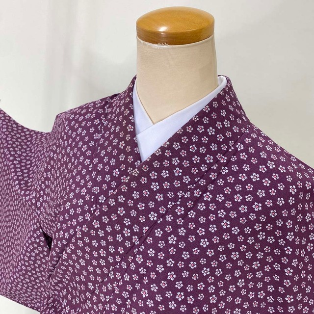 小紋 単衣 洗える着物 裄66.2 身丈164.5 お洒落着 普段着 ポリエステル 紫色 美品 M サイズ 3951