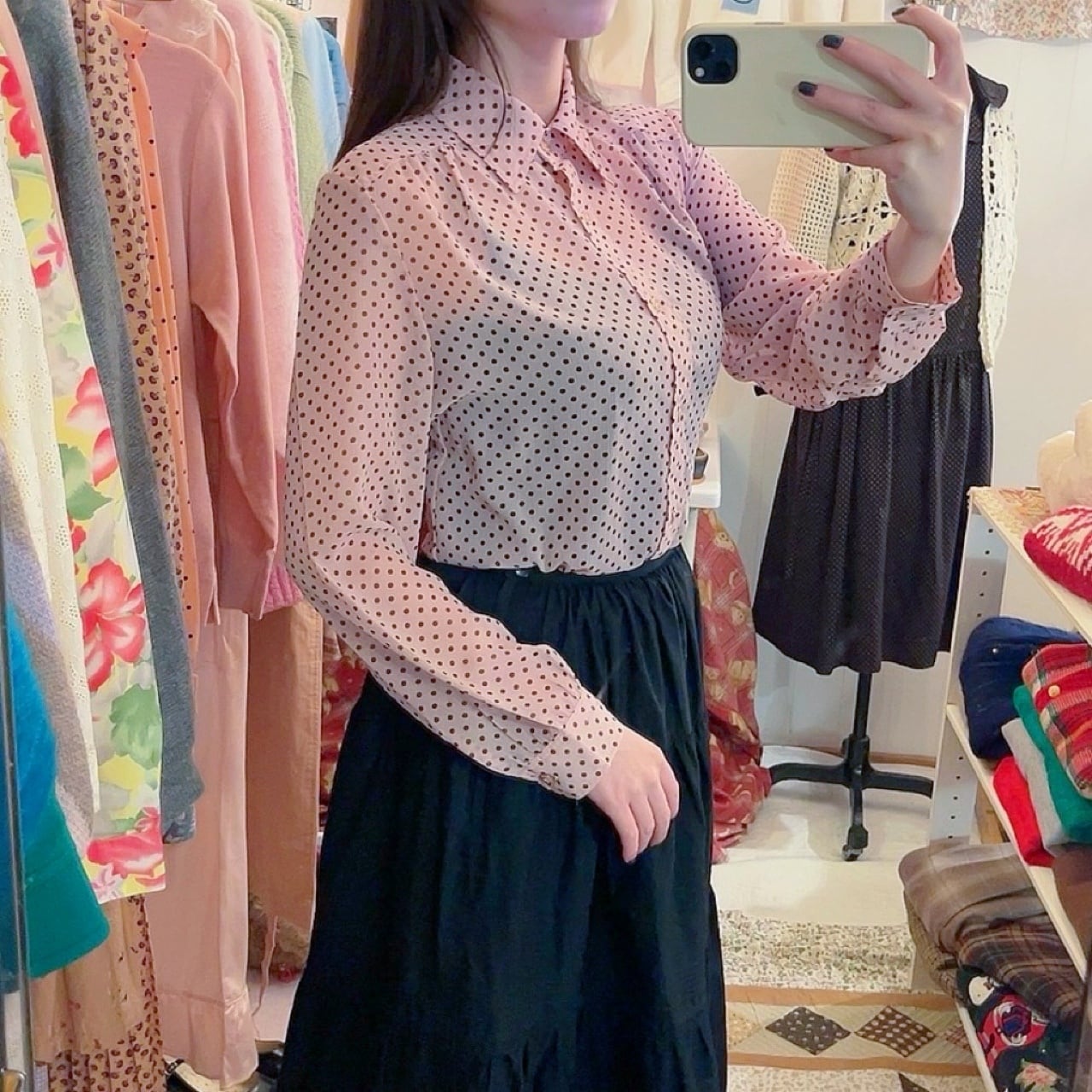 brown dot pink sheer blouse