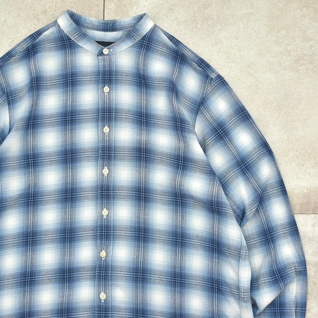 Ombre check band collar rayon shirt