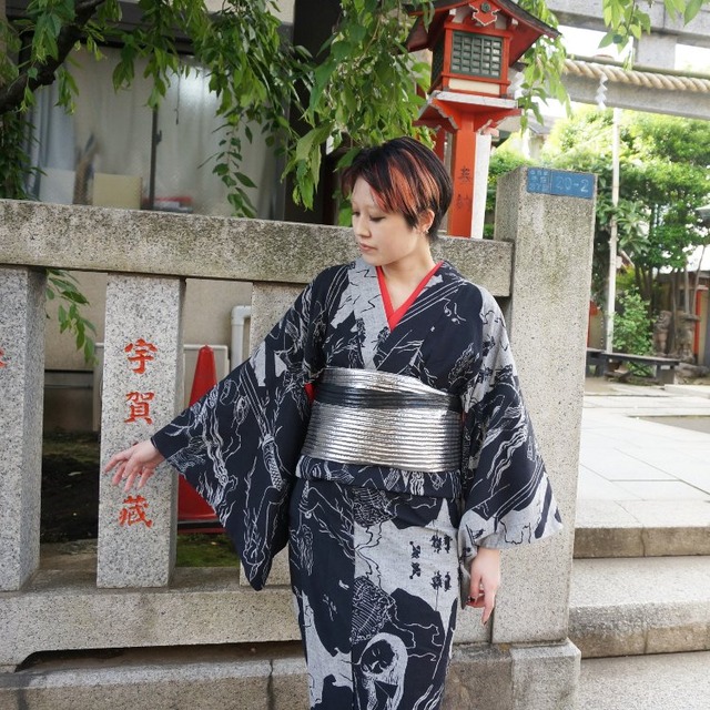 RumiRock 反物 ゆかた「四谷怪談」グレー地に黒　[A963]