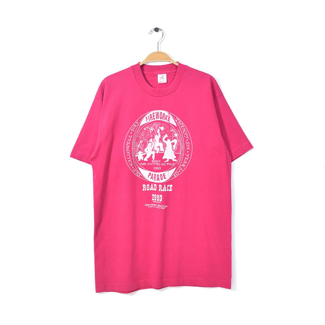 90s フルーツオブザルーム USA製 シングルステッチ ヴィンテージTシャツ FIRE WORK ピンク メンズL 古着 アメカジ @BZ0049