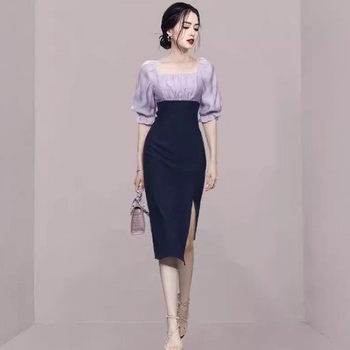 パーティードレス レディース 結婚式ドレス 演奏会ドレス ワンピースドレス ミドル丈ワンピース スリムフィット バイカラー ハイウエスト スクエアネック パフスリーブ ギャザー きれいめ エレガント