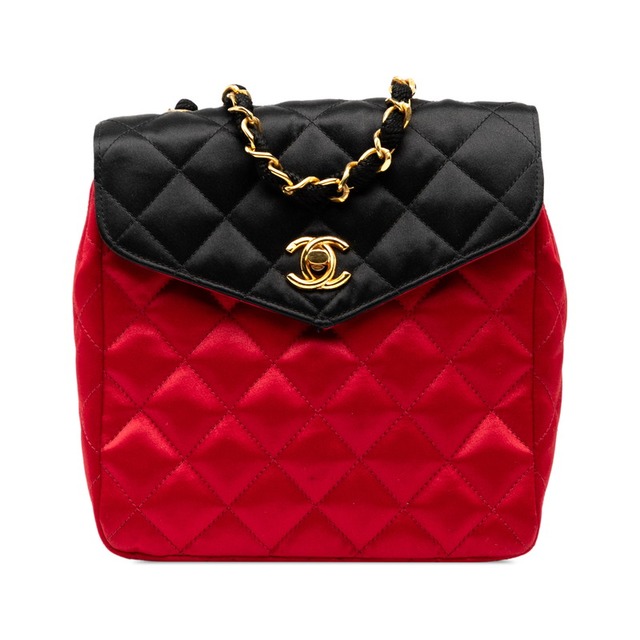 シャネル マトラッセ ココマーク チェーンショルダーバッグ レッド ブラック シルクサテン レディース CHANEL 【中古】