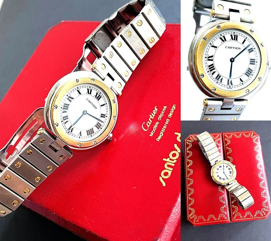 Cartier カルティエ Santos サントス ラウンド クーガー LM メンズ クオーツ 男女 K18YG ゴールド ホワイトローマン ローマンインデックス・ブルースチール針