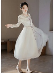 【0167】Lace-up Ribbon Tulle Long Sleeve Dress