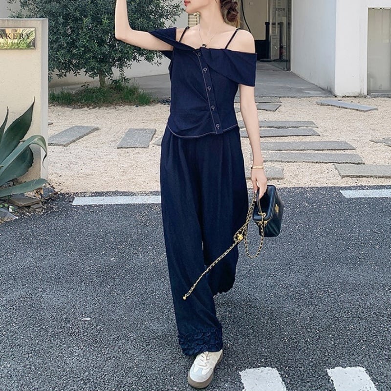 セットアップ 2点 デニム オフショルダー トップス パンツ 韓国 150cm〜 デニムオフショルダートップス + タックパンツ