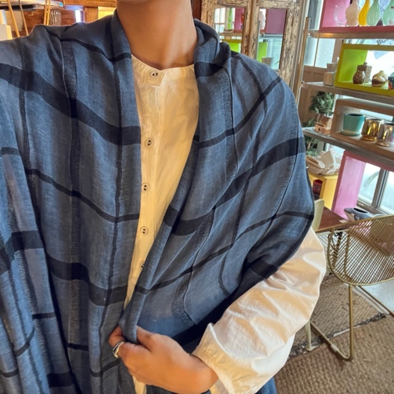 TOPANGA Accessory　Cotton & Linen Scarf　CHECK　Blue　コットン＆リネンスカーフ　チェック　ブルー　scarf　スカーフ　