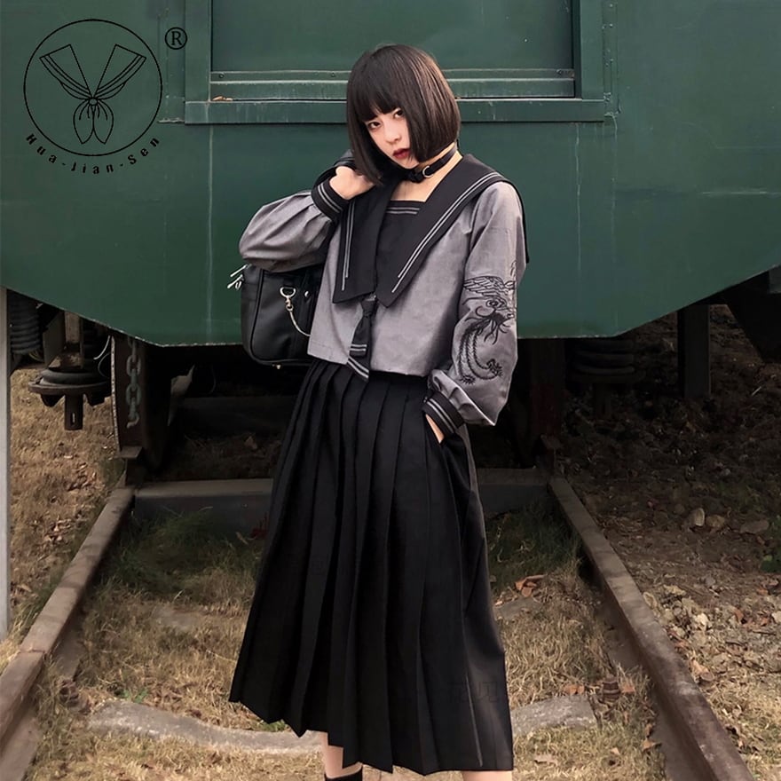 サブカル 服 地雷系 通販 セーラー服 スカート ロング丈 鳳凰 刺繍 ストリート系闇かわいい