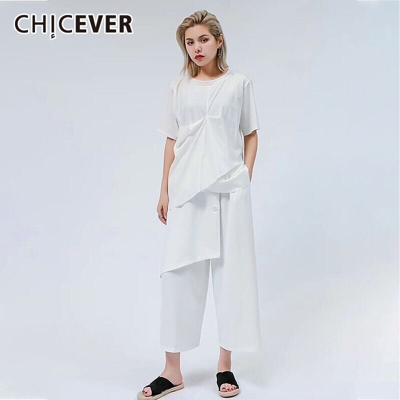 CHICEVER夏の女性ツーピースセットOネック半袖ドレーププルオーバーTシャツパッチワーク不規則な伸縮性ウエストパンツセット ショート ハーフスリーブ エラスティック サマー 夏物 6base573272530073