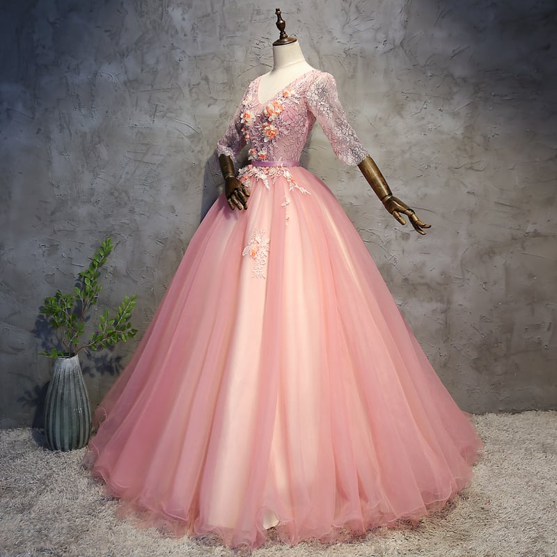 高品質！パーティードレス ソフトチュール 薄ピンク 半袖 憧れのドレス