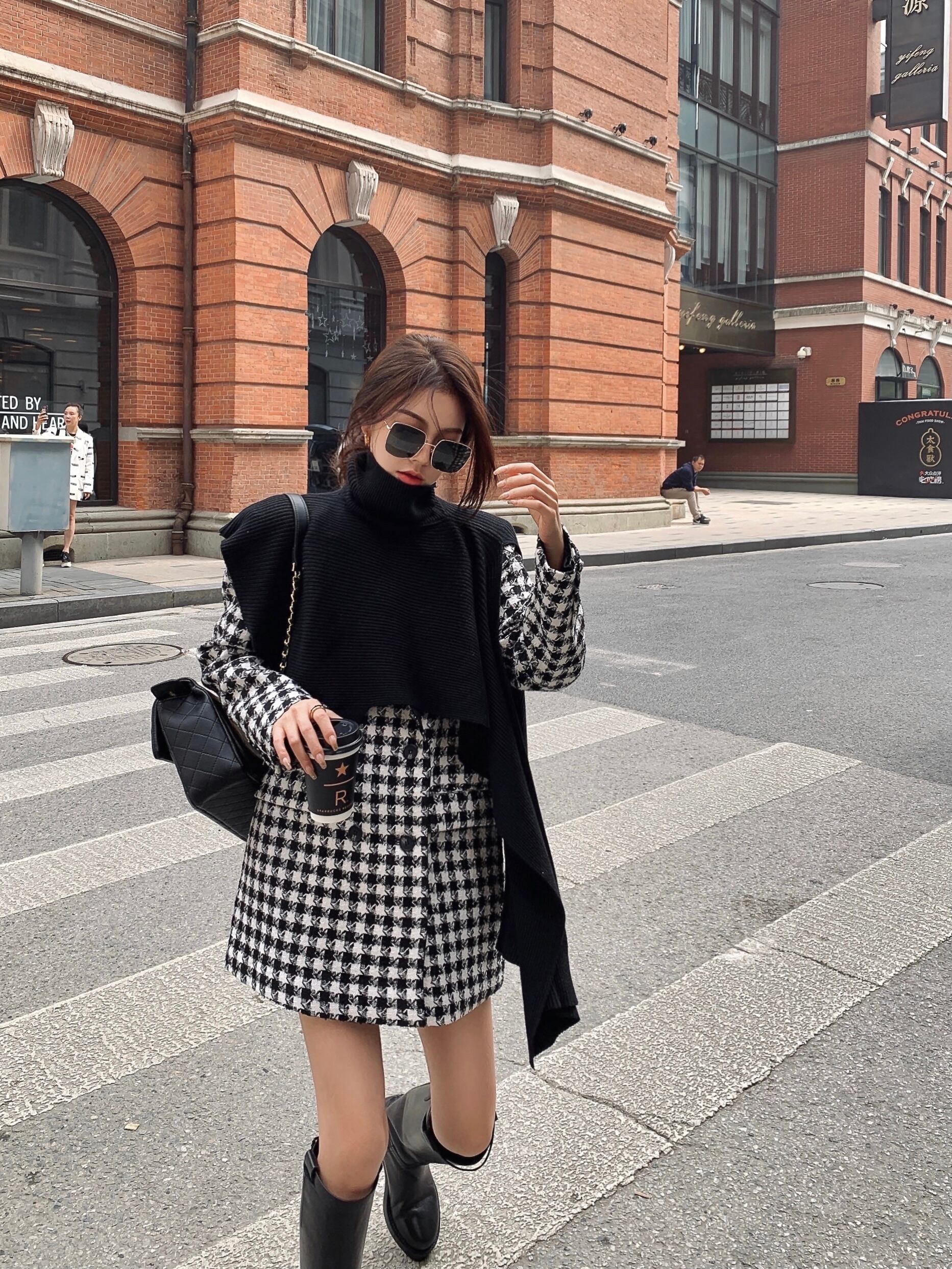 ウールコートメス千鳥格子ミドル丈レトロレディース気質スモールウールコート2020秋冬新作 ブラックストロベリース29878766187