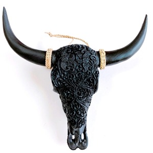 ネイティブアメリカン カウスカル オブジェ牛 骸骨 オブジェ(黒×ボタニカル柄)【バリ直輸入】