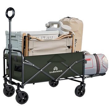 グリーン色 後ろ開け キャリーワゴン 長物対応【3秒で収納大容量超軽量】 CAMDOOR 後ろ開け キャリーワゴン 長物対応【3秒で収納·大容量·超軽量】アウトドアワゴン 軽量 静音 キャンプカート 大容量