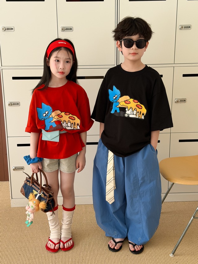 【KID】ピザキャラクタープリント半袖Tシャツ - 20