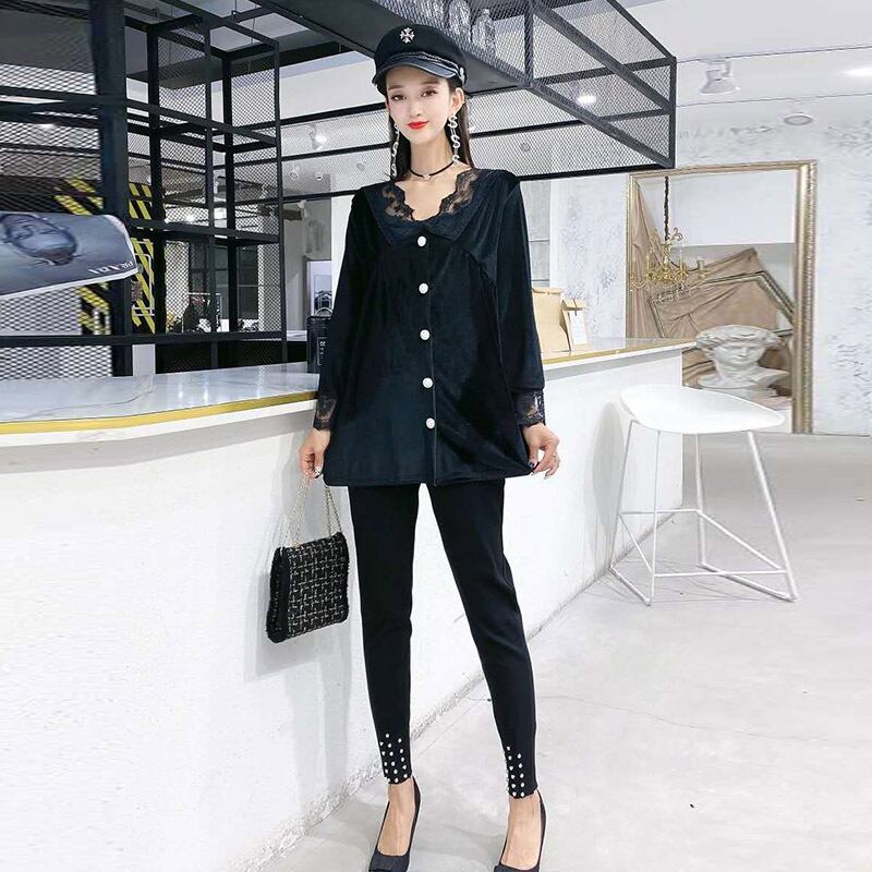 オータムスタイルレースVネックシャツ ルーズトップス パンツ 大きめサイズ 秋物 ミックスインファッション86431832193