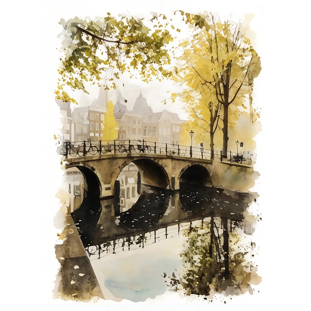 絵画 風景画(街並み) オランダ アムステルダム インテリアアート額付き 水彩画・油絵調 WAT0524