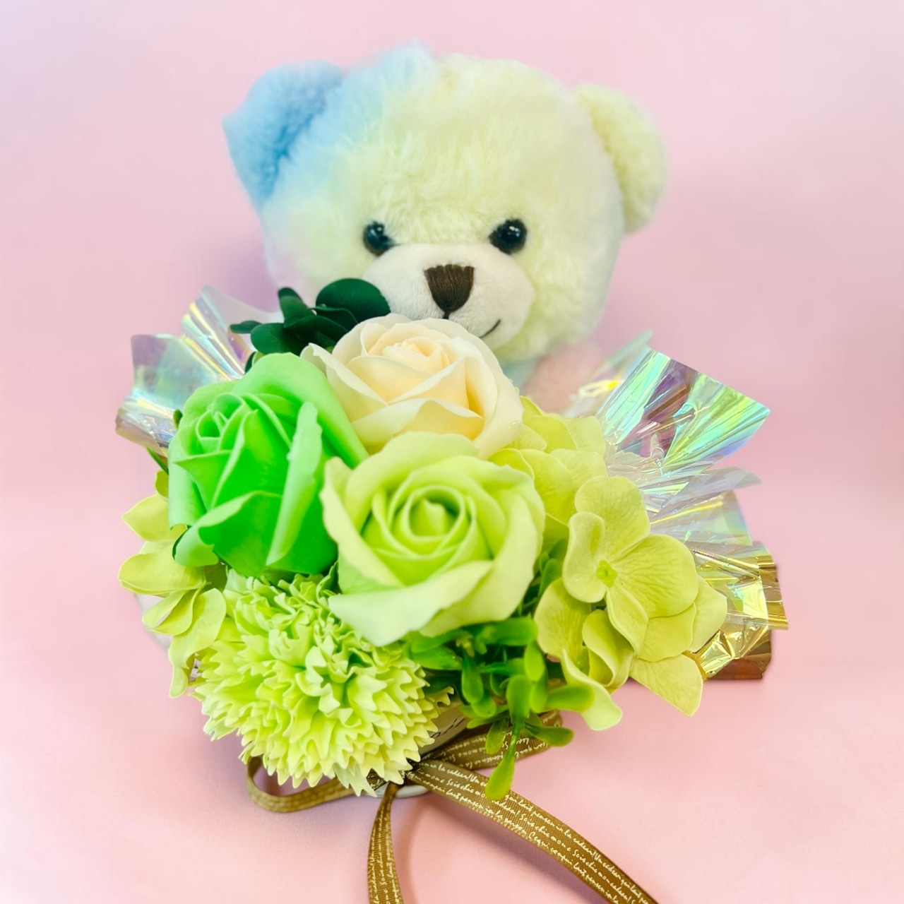 【レインボーベア】ぬいぐるみフラワーギフト ミントグリーン｜誕生日・発表会・推し活・記念日【ふわもこシリーズ】