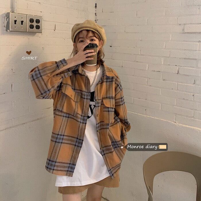 スタンダードスタイル格子柄シャツ スプリングジャケット ロング レトロ 春物 モンロー68148280918