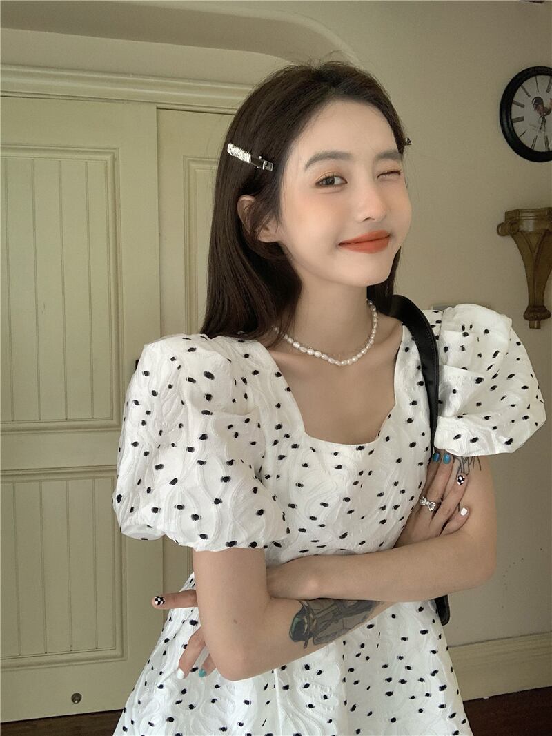 スリーブ水玉ドレス サマーショートスカート ウェスト 大人ガーリー スウィート キュート カジュアル 夏物 ブラックストロベリース19796257165