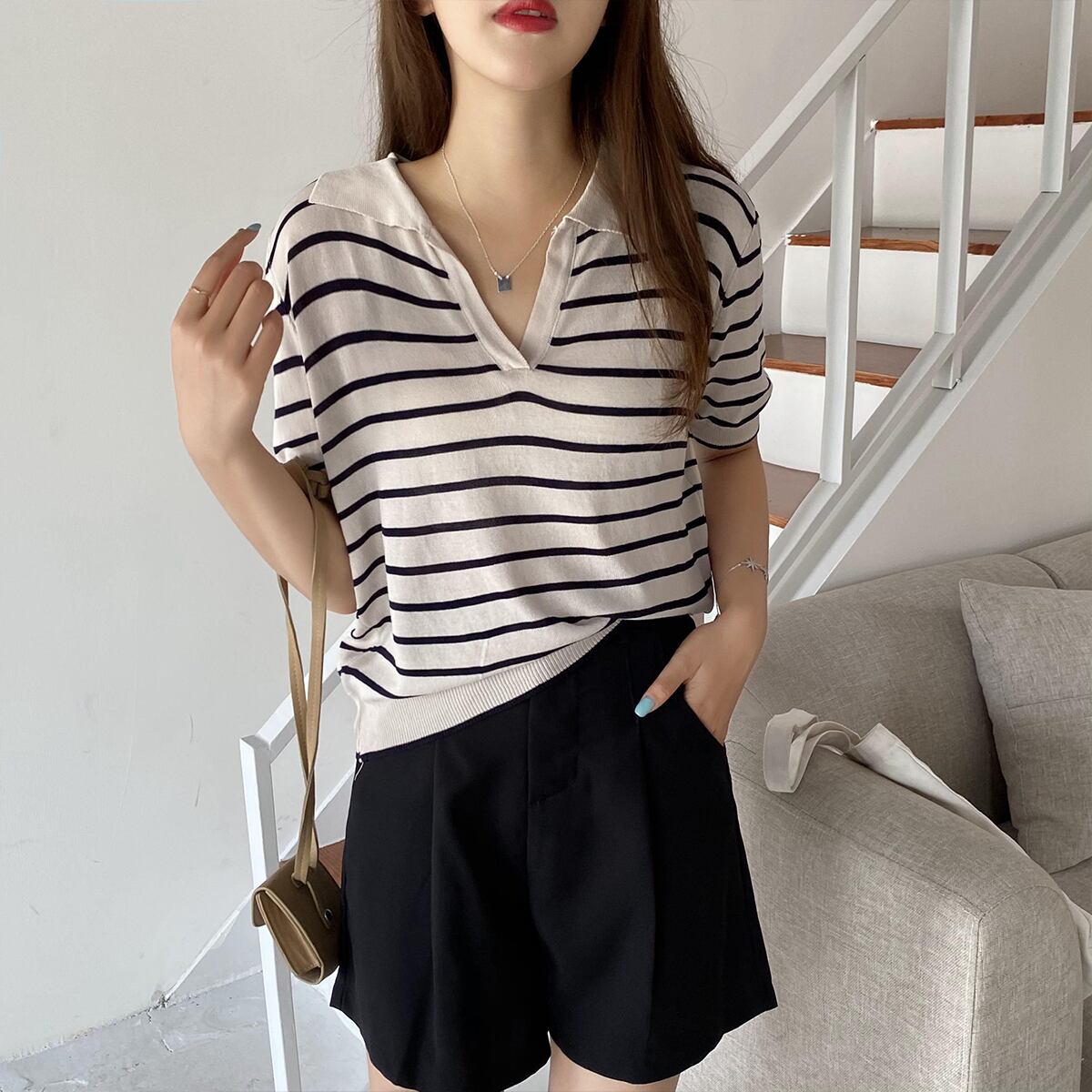 ジャケット レディースサマーストライプカラーTシャツ ルーズ薄手セーター 夏物 1号婦人83821612342