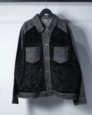 【Caka BLACK】90's  Euro Vintage Glitter Faux Fur Switch Black Denim Jacket