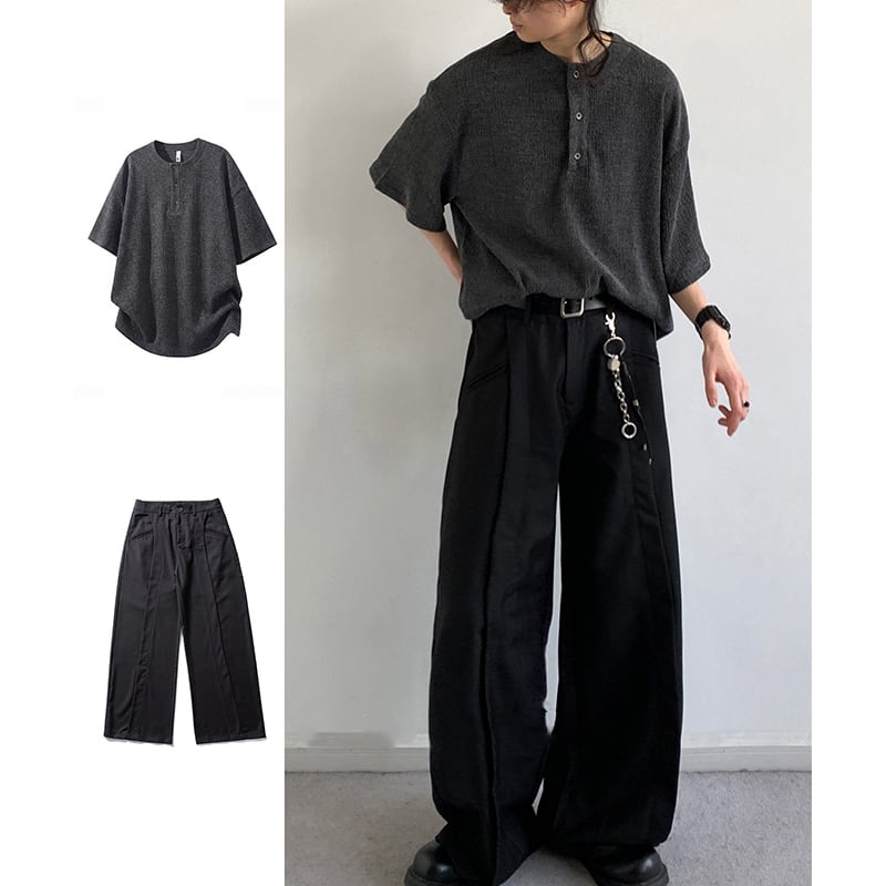 jiwuusボタン襟テクスチャー半袖Tシャツ