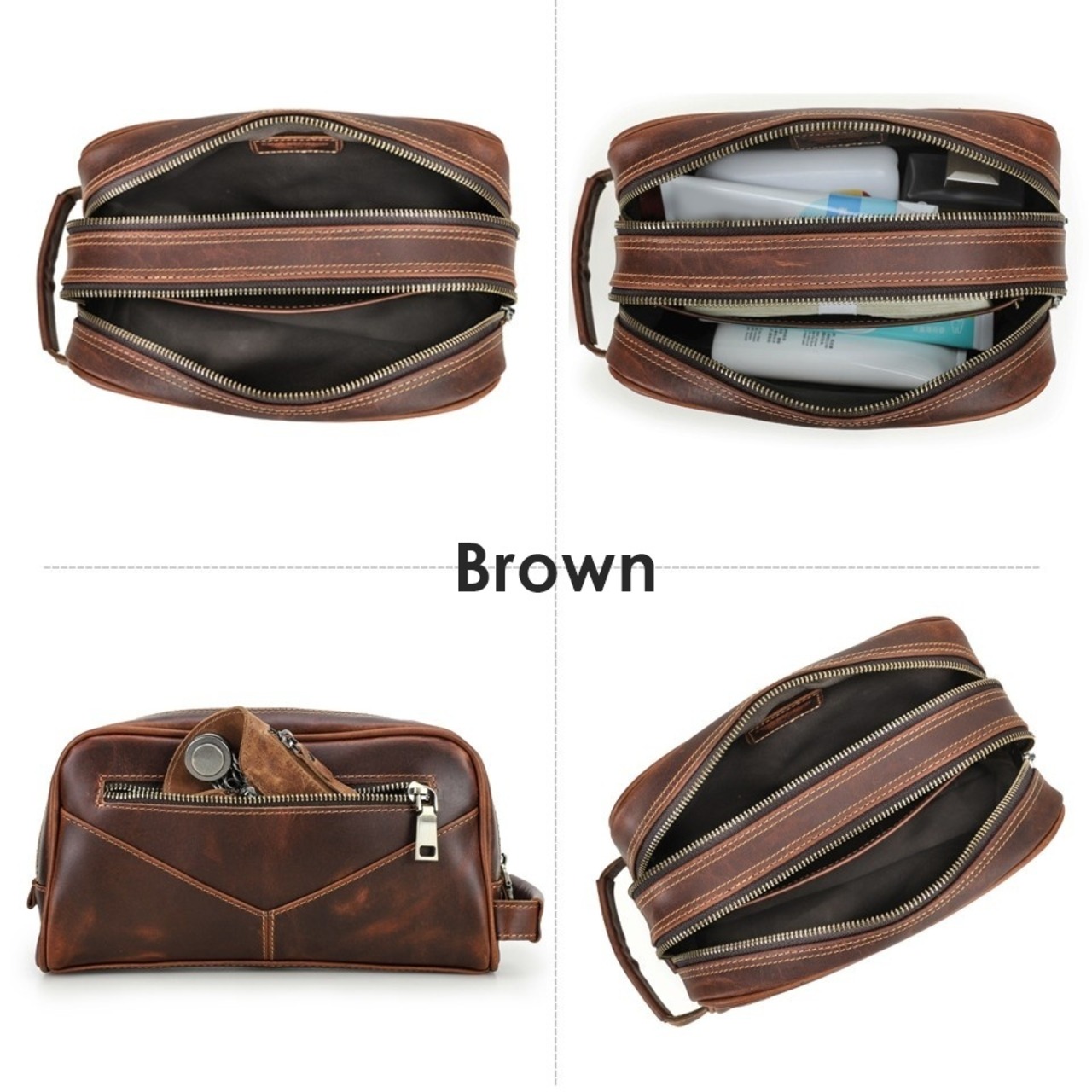 Double Zip Genuine Leather Travel Pouch Bag / 本革 ダブルジップ レザー トラベル ポーチ バッグ