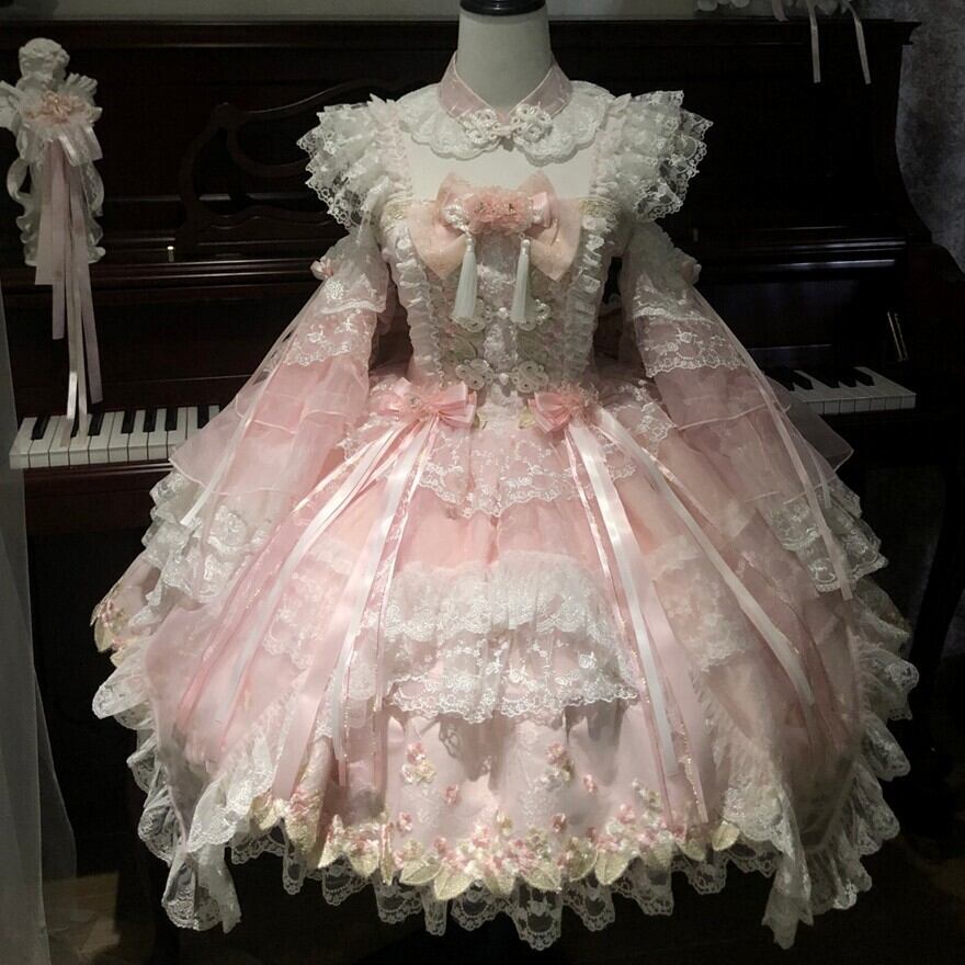 ロリータファッション 甘ロリ ピンクレースバックリボン付け袖JSK